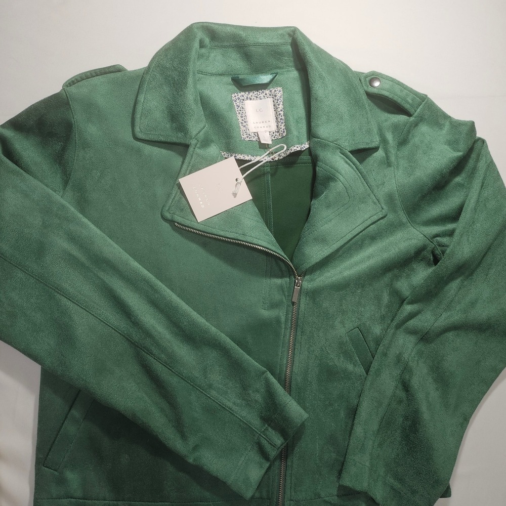 Lauren Conrad Green Faux Suede Jacket Women Large Asymmetrical Zip Biker NWT